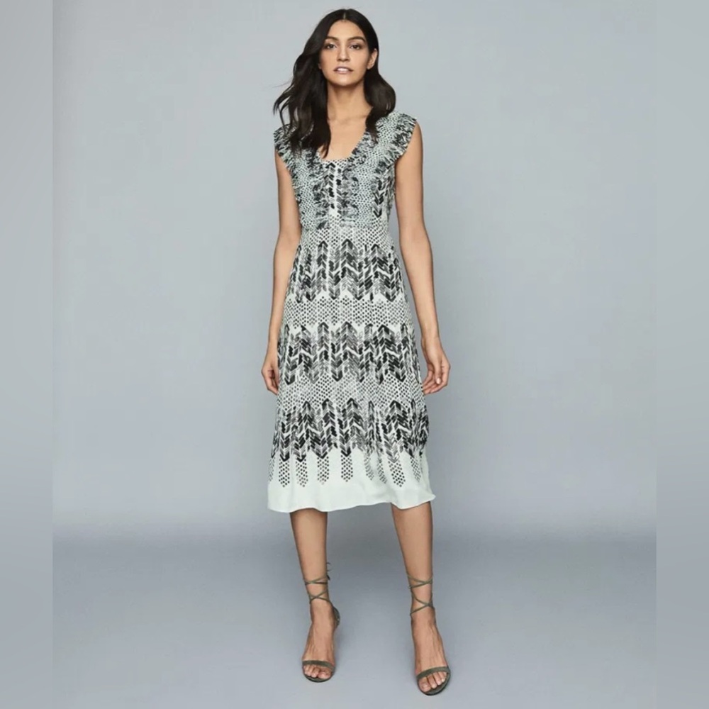Reiss Black and White patterned sleeveless midi dress
